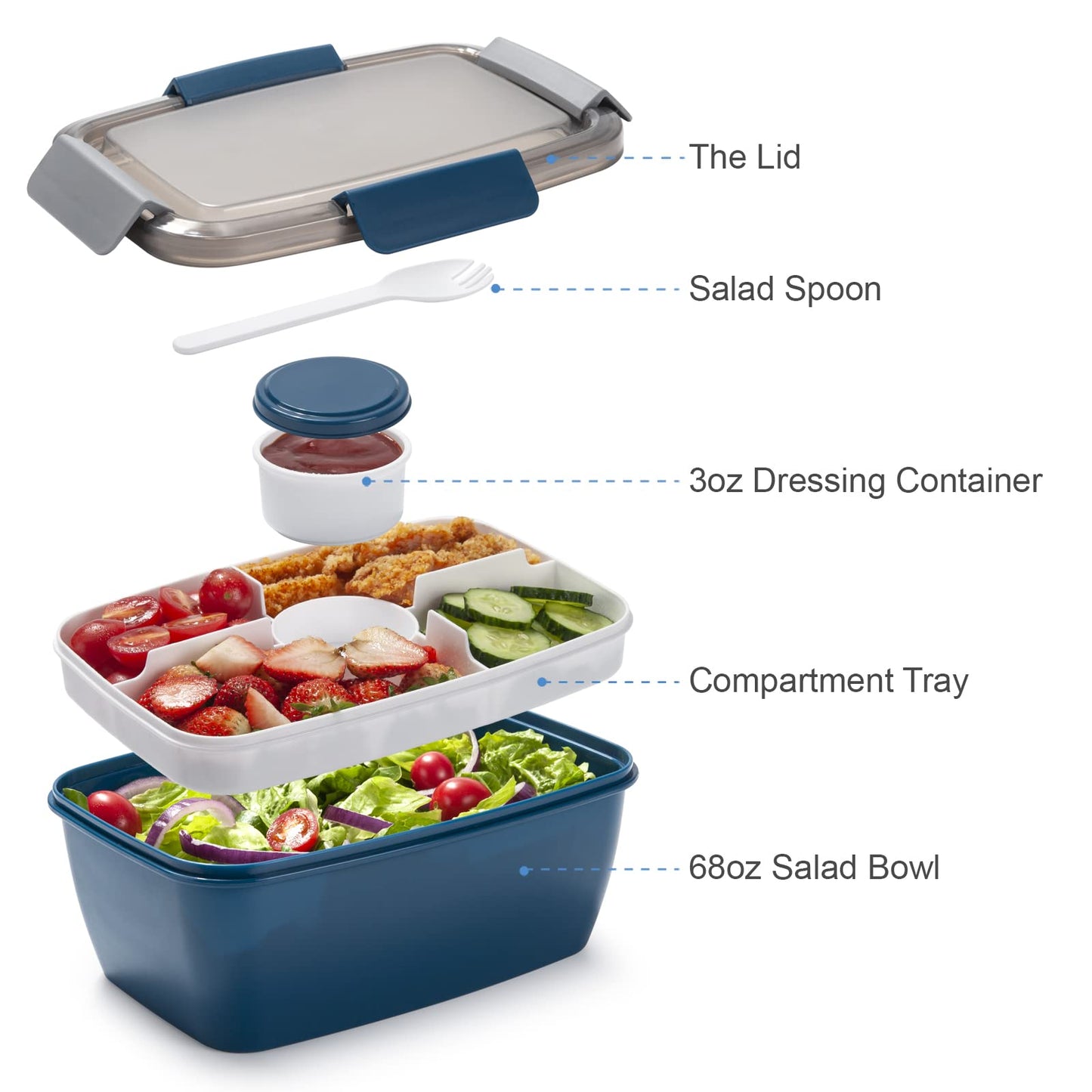 Freshmage Large Salad Container for Lunch, 2 Packs 68oz Salad Bowls with 5 Compartments, Salad Dressings Container for Salad Toppings, Snacks, Men, Women (Pink+Blue)