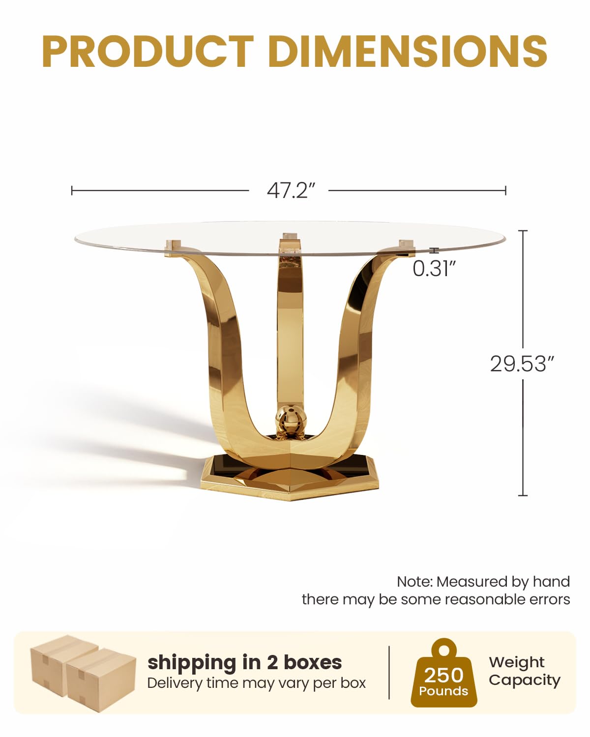 47.2" Round Glass Dining Table for 4-6, Modern Dining Room Table with Circular Tempered Glass Tabletop, Kitchen Table with Stainless Steel Frame for Dining Room, Kitchen, Apartment, Dwelling (Golden)