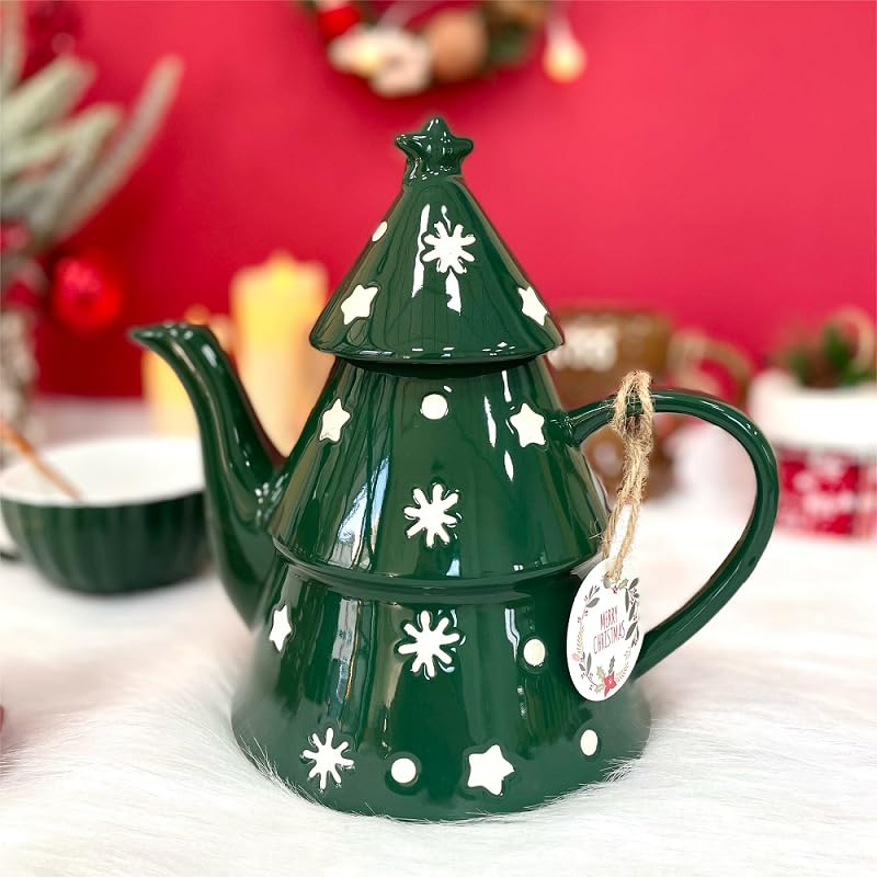 Domini Christmas Pot - 28oz Festive Holiday Teapot with Christmas Tree Design