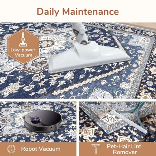 8x10 Blue & Gold Persian-Inspired Washable Area Rug - Soft Faux Wool