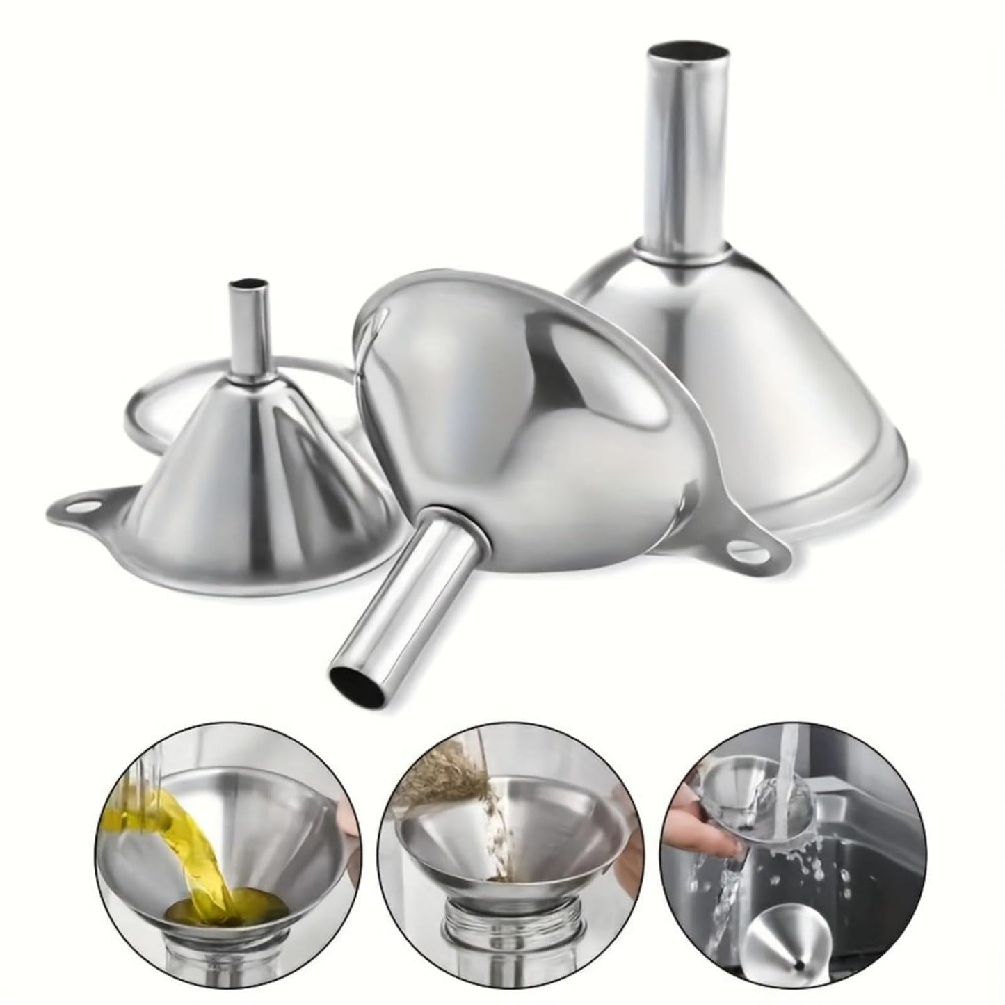 Skiennix Stainless Steel Funnel Set - 3 Sizes for Easy Kitchen Filling | Food Grade Mini Funnels
