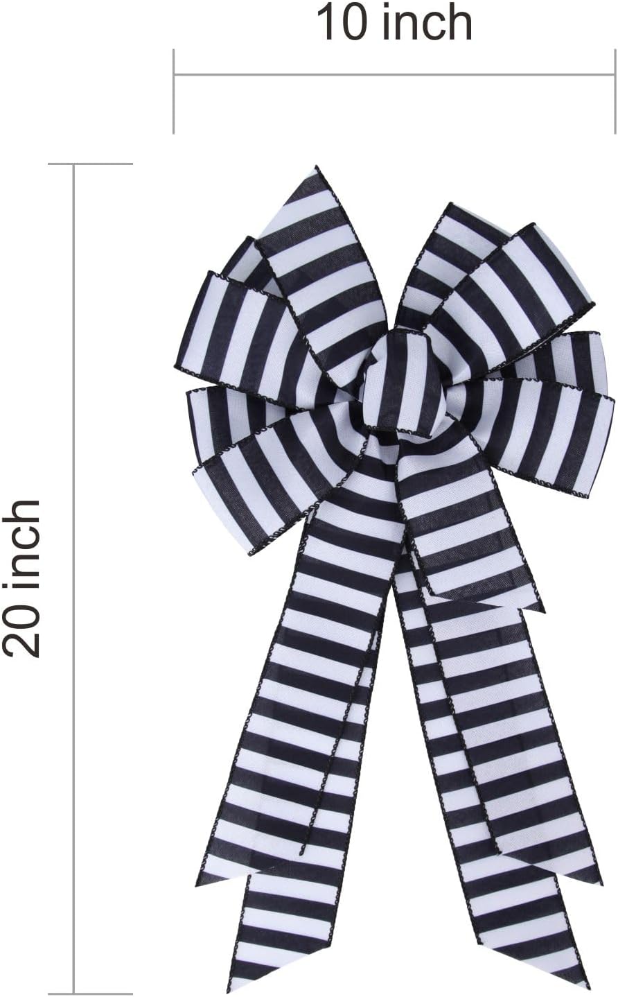 Meseey Christmas Ribbon Bow - Large Black and White Striped Design | 20 x 11 Inch Wreath Decor