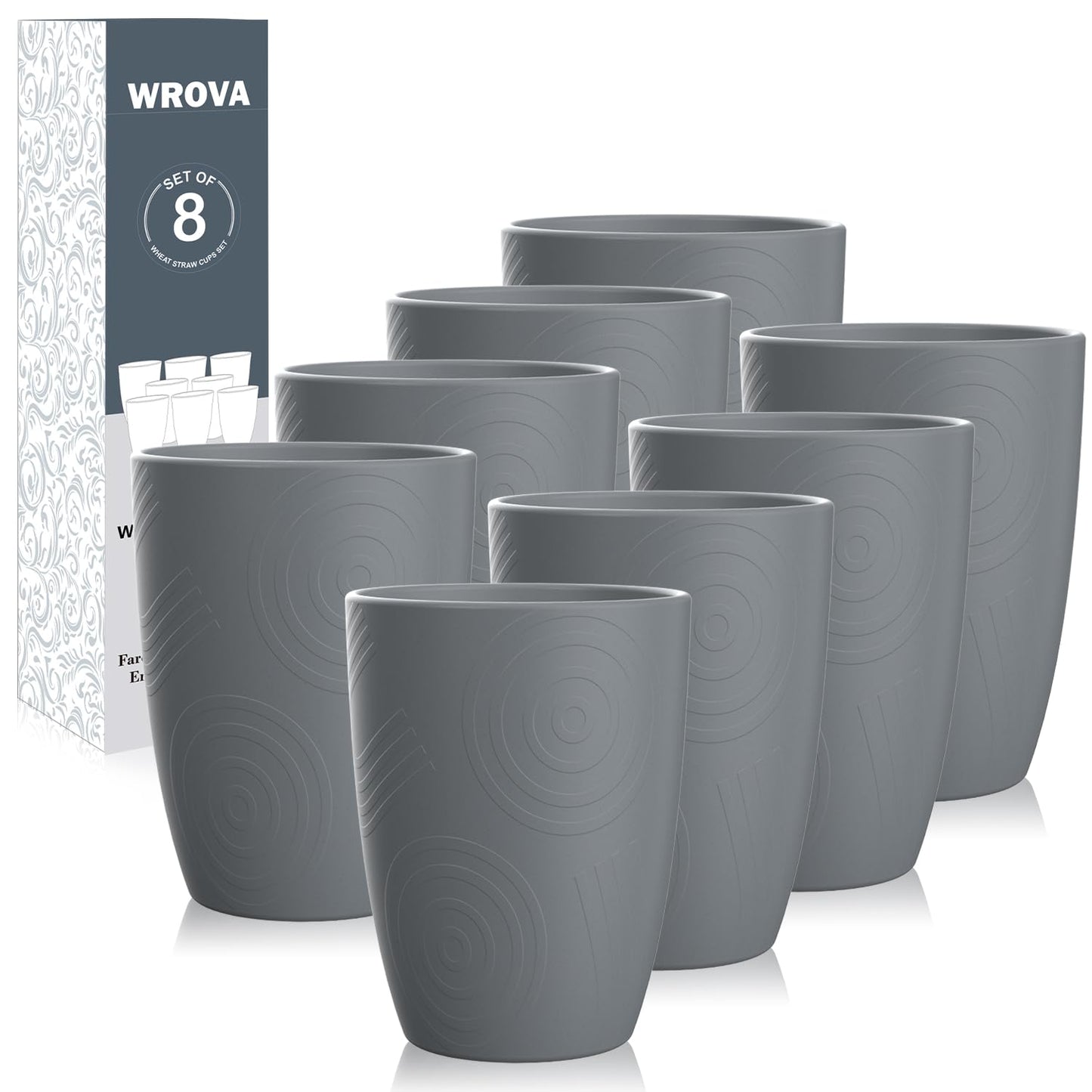 Wrova Wheat Straw Cups 8 PCS Good Alternative to Plastic Reusable Cups 12 oz Unbreakable Drinking Cup Reusable Dishwasher Safe Water Plastic Glasses Grey