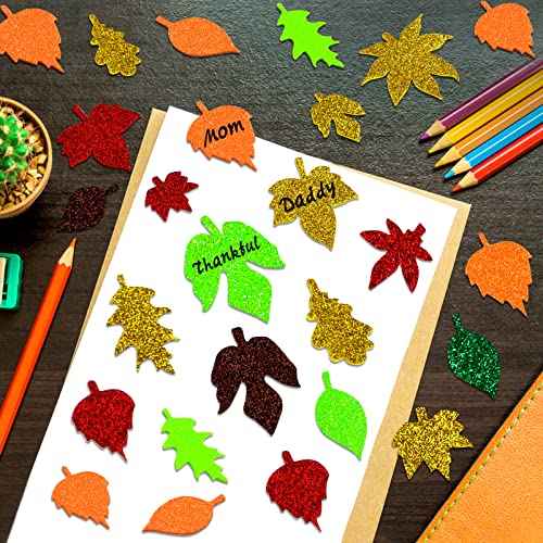 Coopay Glitter Fall Leaf Stickers - Adhesive Foam Maple Leaves for Christmas, Thanksgiving, Halloween - Assorted Autumn Shapes for Art Craft and Party Decoration