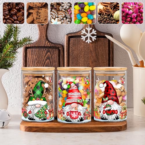 Green-Red Gnome Christmas Glass Storage Jars 20oz with Airtight Bamboo Lids, Set of 3
