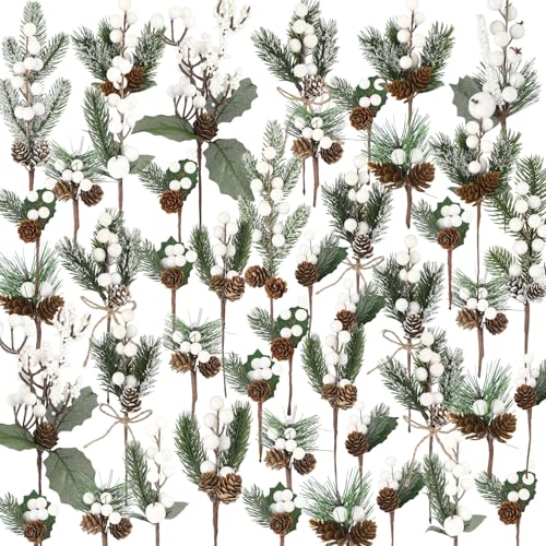 50 Pcs Christmas Floral Picks with Snowy Berry Stem - White (Zeyune)