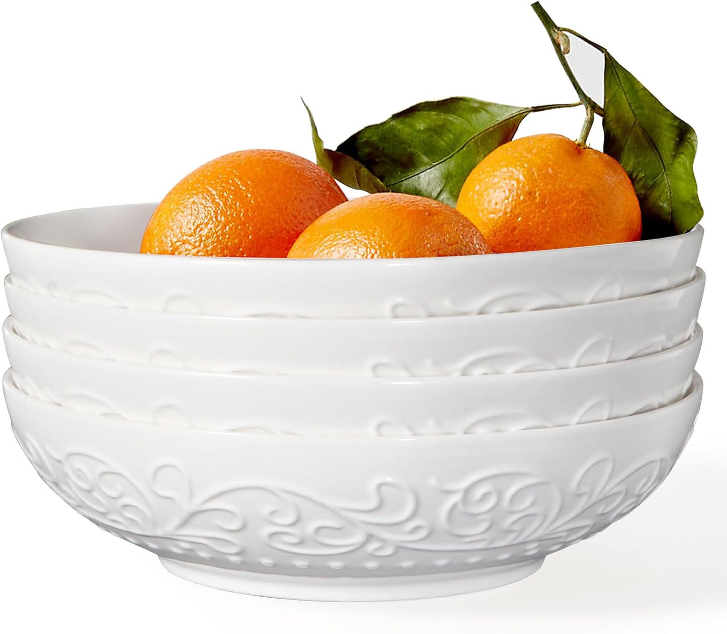 Artena Pasta Bowls Set of 4 - 32oz Ceramic Salad Bowls | 8-Inch White Embossed Design, Microwave & Dishwasher Safe
