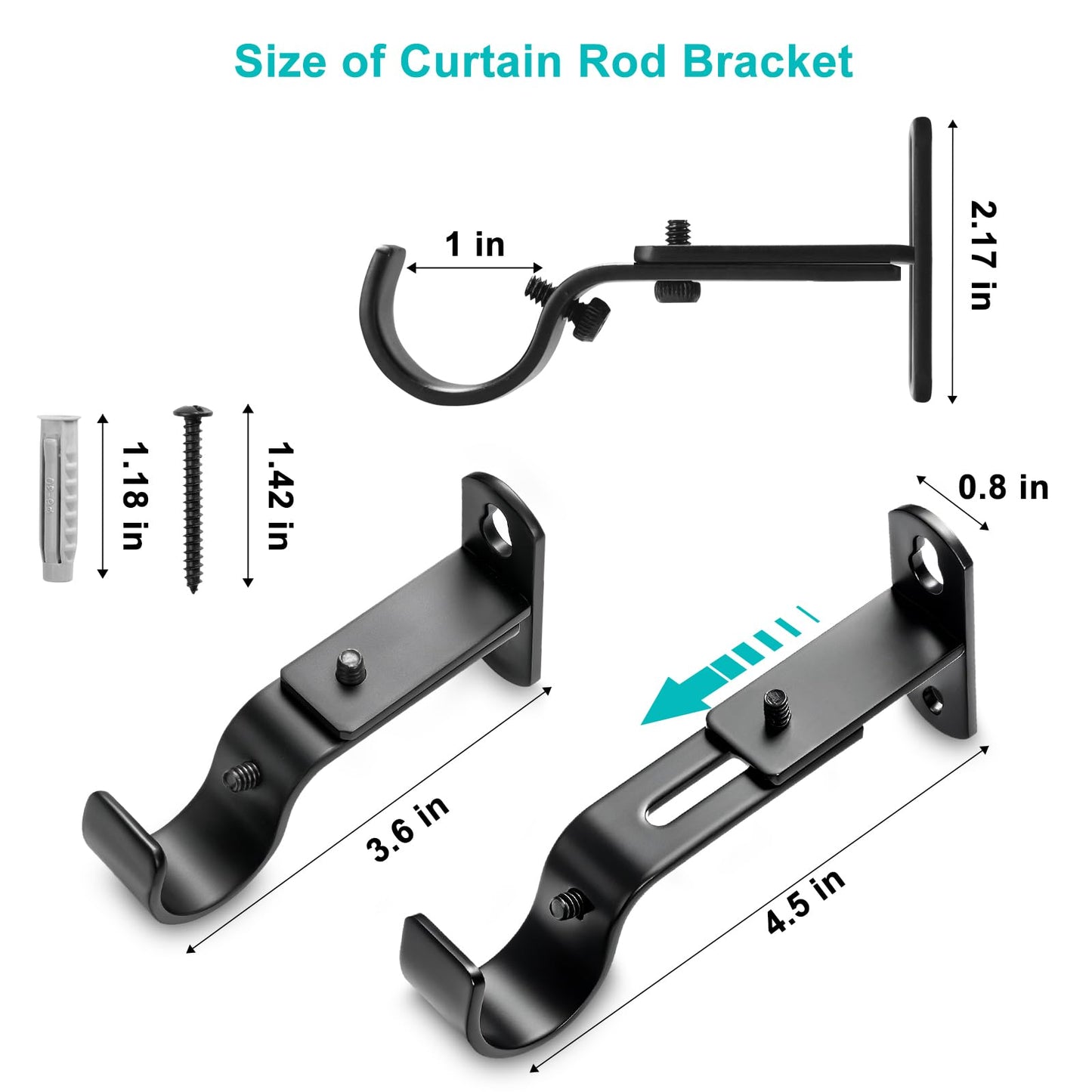 AMZSEVEN Adjustable Curtain Rod Brackets, Metal Window Drapery Rod Hanger Holders Hooks for 1 inch Rods (Black, Set of 2)