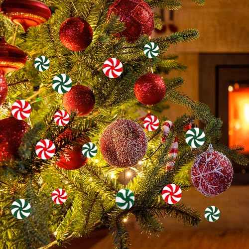 DECYOOL 120pcs Mini Christmas Candy Cane Ornaments Christmas Tree Hanging Peppermint Ornaments Xmas Table Scatters Red and Green Vase Filler Decorations Windmill Candy for Party Favors Supplies 15mm