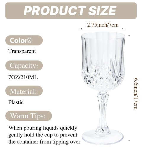 CHLJAR 24 PCS Plastic Clear Wine Glasses Goblets Clear Vintage Wine Glasses, Reusable Drinkware Vintage Champagne, Plastic Goblets for Parties for Wedding Reception Grand Event Party, 7oz