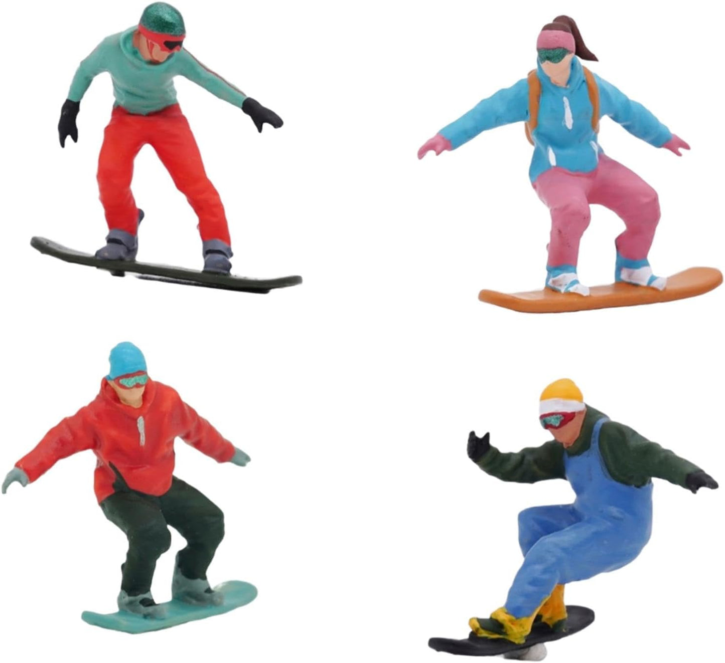 Menolana Miniature Skier Figurines - 4Pcs 1/64 Scale Snowboarding Models for Dollhouse Decor