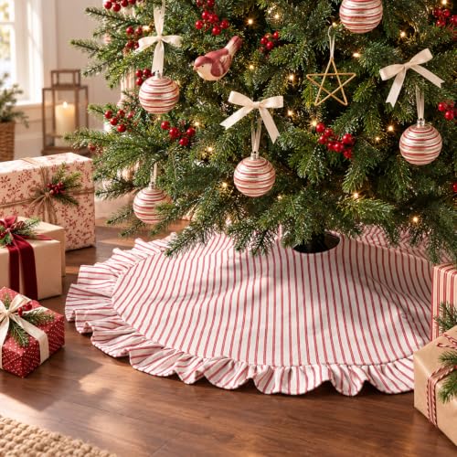48-Inch Red White Stripe Christmas Tree Skirt with Ruffled Edge