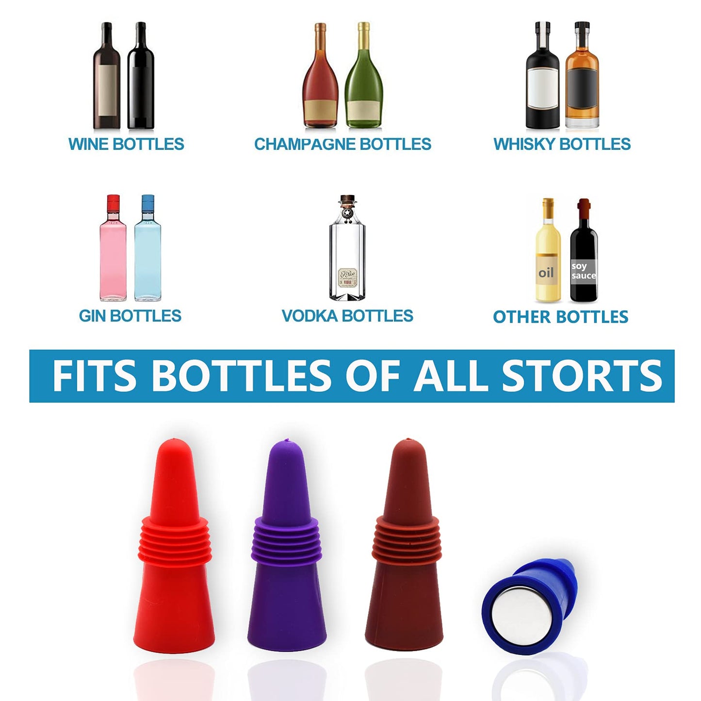 Wine Stoppers Beverage Bottle Sealer Soft Silicone Wine Bottle Stoppers Corks with Grip Top for Keeping Wine Champagne Fresh, 8 Pack