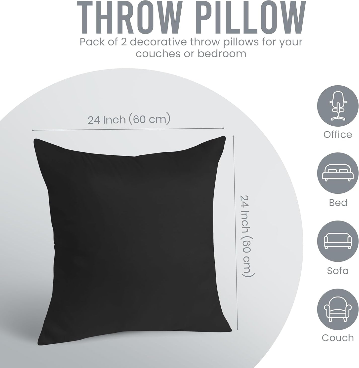 Utopia Bedding 24x24 Pillow Inserts - Set of 2 Black Decorative Cushions for Sofa & Bed - Soft & Fluffy
