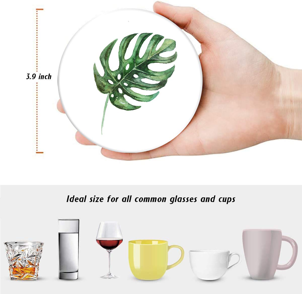 Britimes Set of 6 Coasters for Drinks Absorbent Green Leaves with Cork Base, Metal Holder, Round Stone Drink Mat for Coffee Wood Table, Gift for Birthday, Farmhouse Housewarming Room Bar Decor