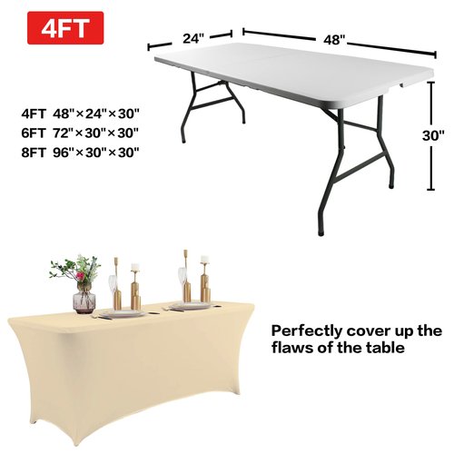 IVAPUPU 4FT Table Cloth for Rectangular Fitted Events Stretch Champagne Table Covers Washable Cover Spandex Tablecloth Protector for Party, Wedding, Cocktail, Banquet, Festival