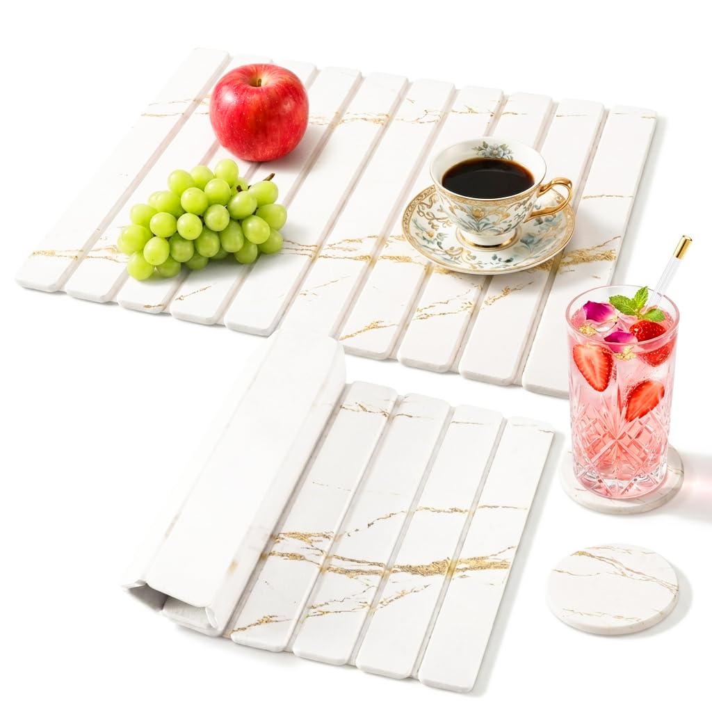 3 PCS Large Stone Dish Drying Mat for Kitchen Counter - Quick Dry Diatomaceous Earth Mat with 2 Coasters, Ultra Absorbent Stone Drying Pad for Dishes & Cups, Heat Resistant, Gold Marble