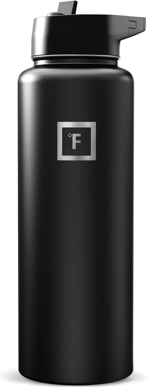 Iron °Flask Insulated Stainless Steel Water Bottle - 40 oz Camping & Hiking Flask with Straw in Midnight Black