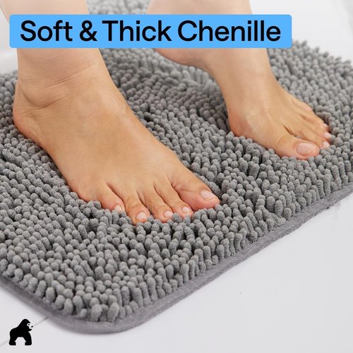GORILLA GRIP Bath Rug Mat - Soft Absorbent Chenille | Quick-Dry Microfiber, 48x24, Grey