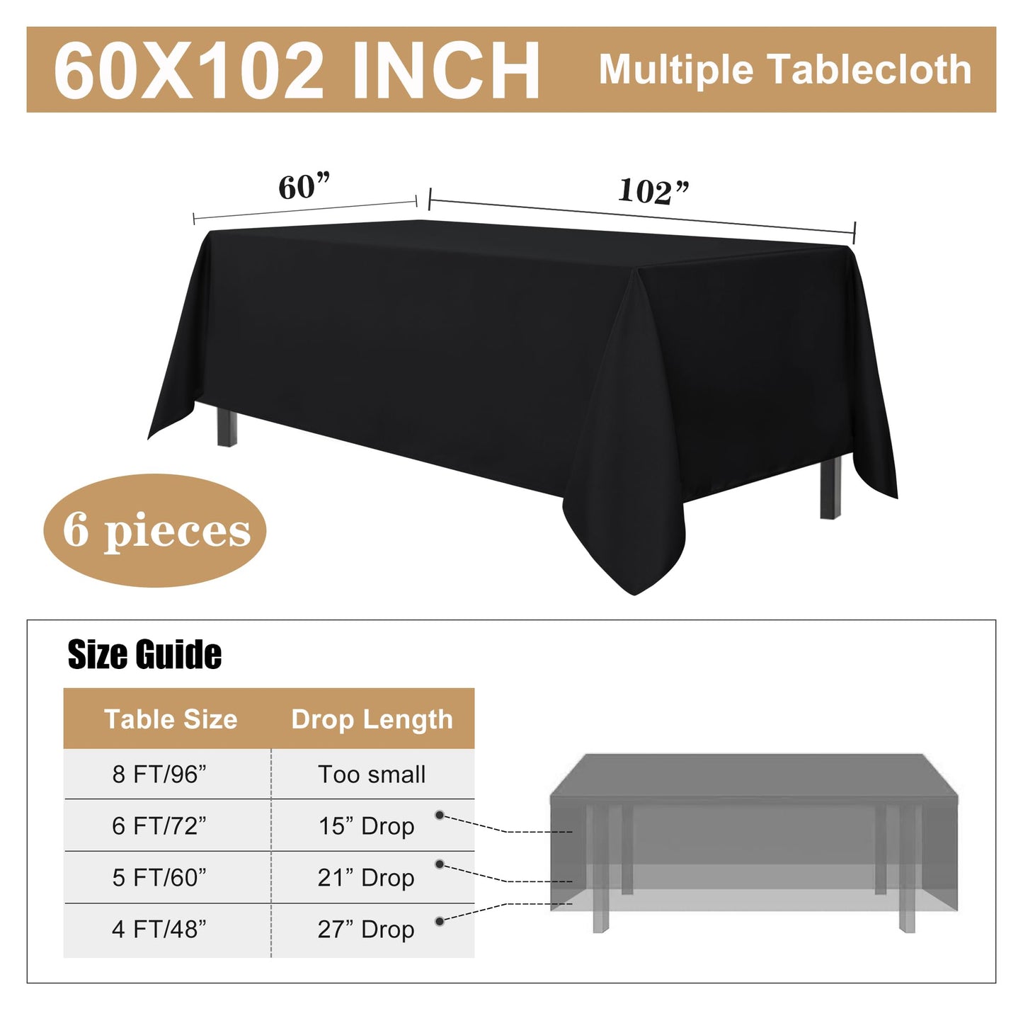 sancua 6 Pack Black Tablecloth 60 x 102 Inch, Rectangle Table Cloth for 6 Feet Tables - Stain and Wrinkle Resistant Washable Polyester Table Cover for Dining Tables, Buffet Parties and Camping