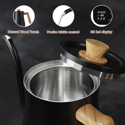 Gooseneck Electric Kettle, Electric tea Kettles, ±1℉ Temperature Control for Pour-Over Coffee & Tea Brewing, Stainless Steel Inner, Quick Heating, Boil Hot Water, 1200W/0.8L (Black Wooden)