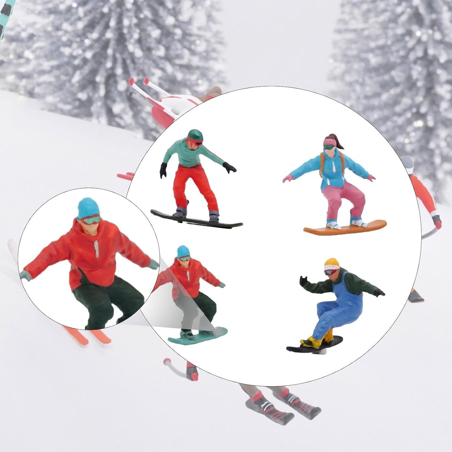Menolana Miniature Skier Figurines - 4Pcs 1/64 Scale Snowboarding Models for Dollhouse Decor