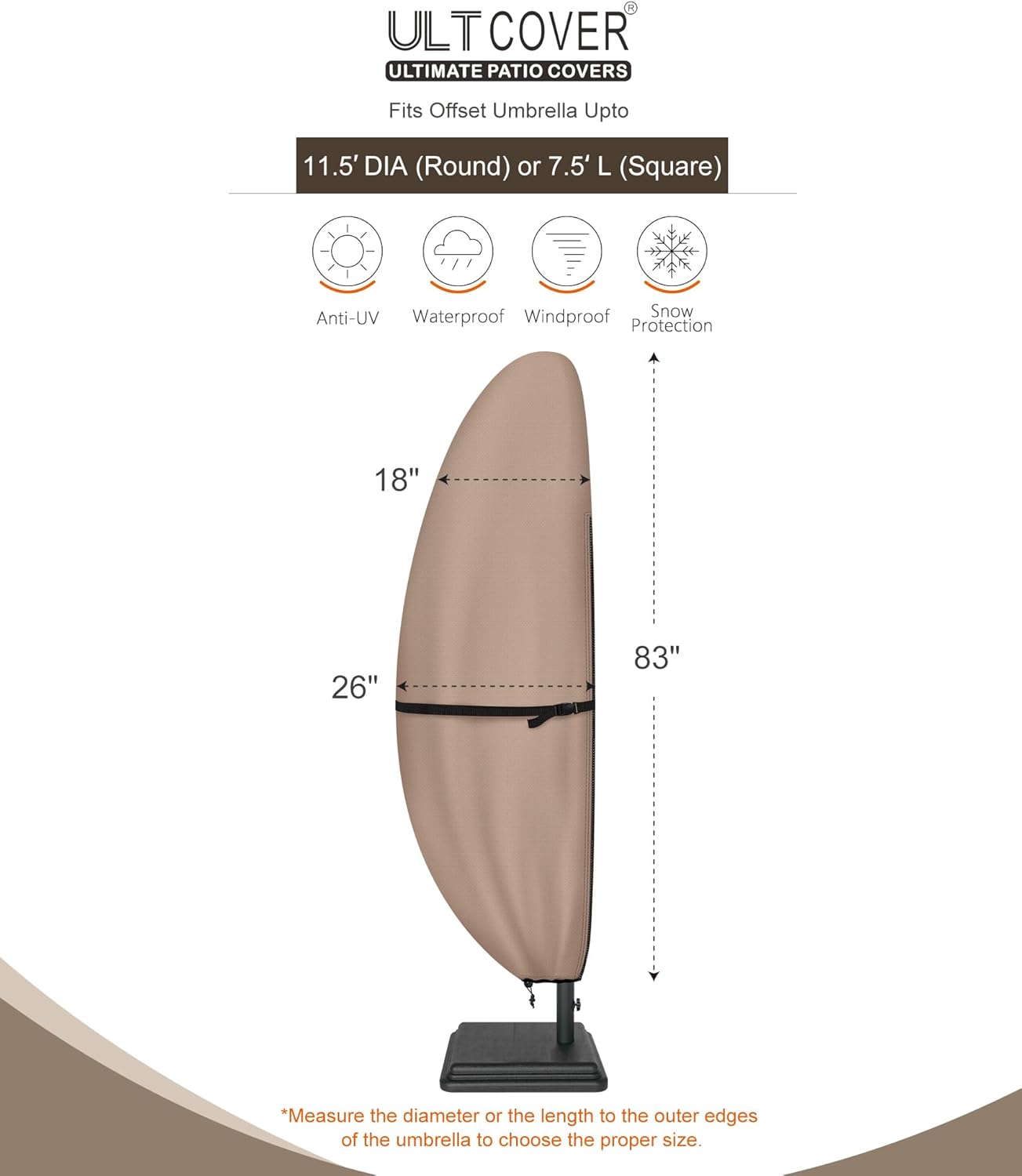 ULTCOVER Patio Umbrella Cover - 600D Waterproof Protection for Offset Umbrellas 7.5-11.5 Feet