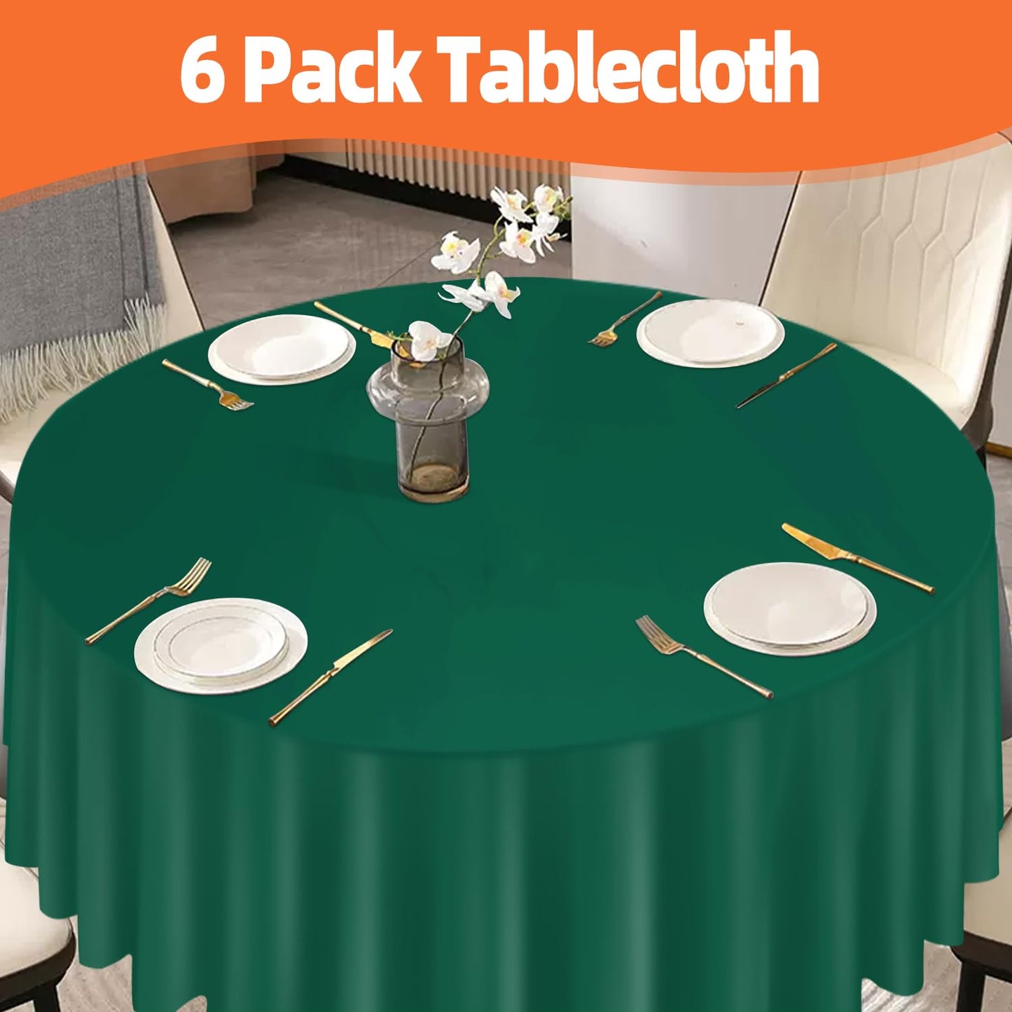 Dark Green 6 Pack Plastic Table Cloth 84", Disposable Round Tablecloth Table Cover, Plastic Tablecloths for Parties