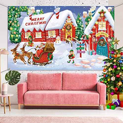 Blulu Christmas Wall Scene Santa Backdrop Extra Large Fabric Door Cover Decor Christmas Banner North Pole Village Setters Photo Booth Background for Holiday Decoration Supplies