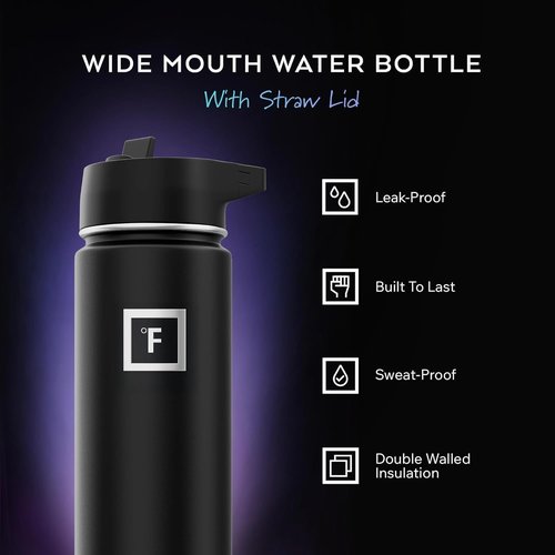 Iron °Flask Insulated Stainless Steel Water Bottle - 40 oz Camping & Hiking Flask with Straw in Midnight Black