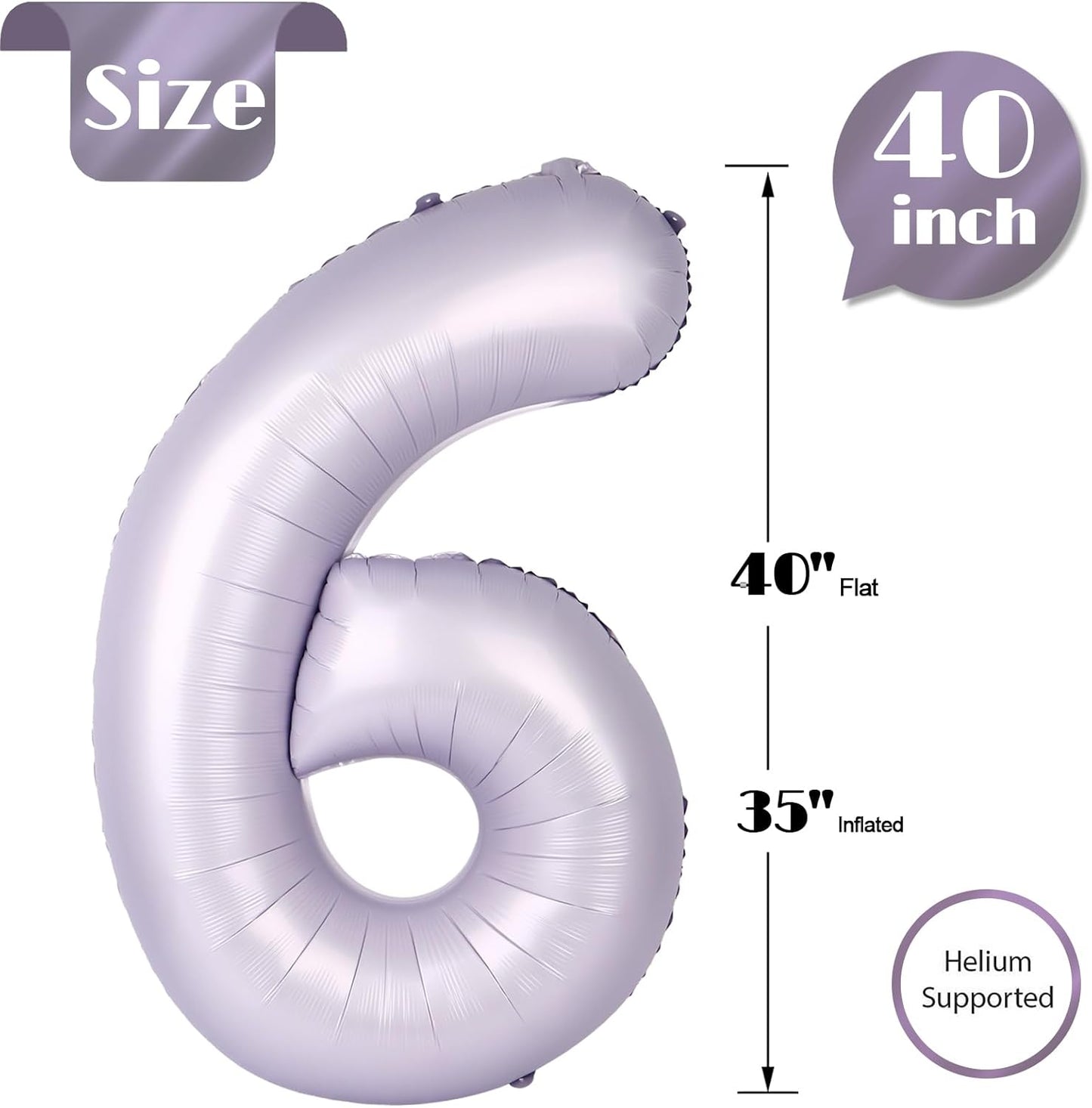 Lilac Number 6 Balloon - 40 Inch Giant Foil Balloon for 6th Birthday Party Decorations