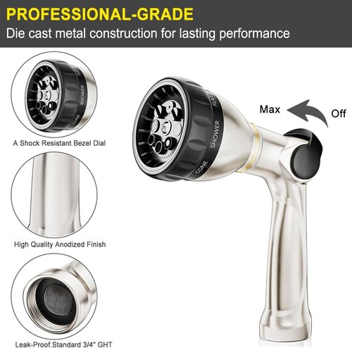 FANHAO Heavy Duty Garden Hose Nozzle - 100% Metal with 8 Spray Patterns for Efficient Watering & Cleaning