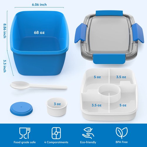 Cherrysea 2Pack Salad Lunch Container, 68oz Salad Bowls with 4 Compartments Tray,Leak Proof Lunch Box with Fork for Men,Women BPA-Free Snack Box with Sauce Container for Dressings - Blue