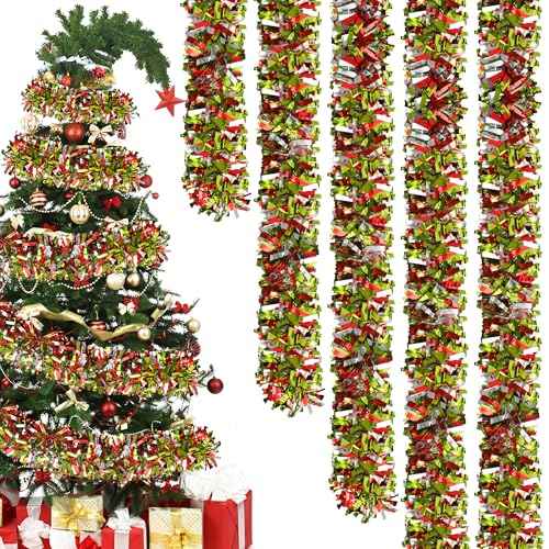 50 Ft Christmas Tinsel Garland Lime Green Red Sliver Metallic Foil Decorations Shiny Metallic Twist Garland Glitter Xmas Tree Hanging Ornament for Christmas Tree Home Stairs Indoor Outdoor Party Decor