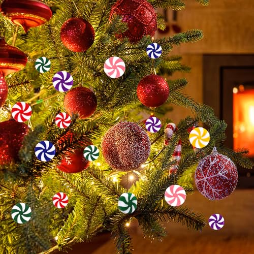 DECYOOL 120pcs Multicolour Mini Christmas Candy Cane Ornaments Christmas Tree Hanging Peppermint Ornaments Xmas Table Scatters Red and White Decorations Windmill Candy for Party Favors Supplies 15mm