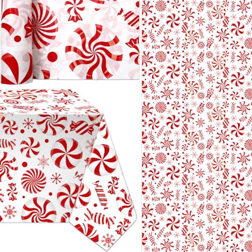 52 Inch x 100 Ft Christmas Plastic Tablecloth Roll - White & Red Candy Cane Design, Disposable Holiday Cover