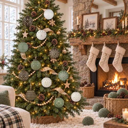 12 Pcs Textured Rustic Christmas Ornaments for Tree – Vintage Brown Green White Balls