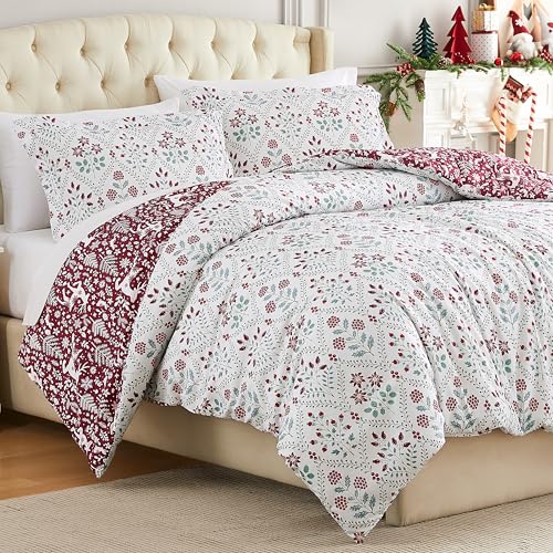 Holiday Harmony 3pc Duvet Cover Set Full/Queen – Reversible Floral Red White