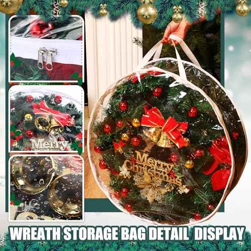 Shappy 1 Piece Clear Christmas Wreath Storage Container 24 Inches Xmas Wreath Storage Bag Plastic Christmas Garland Container with Dual Zippers and Reinforced Handles for Xmas Seasonal (Clear)