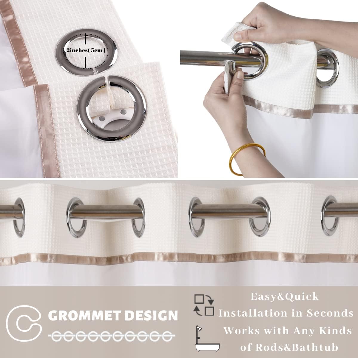 Skiennix Hook-Free Shower Curtain - 71"W x 74"H Light Beige & White Stripe with Mesh Window