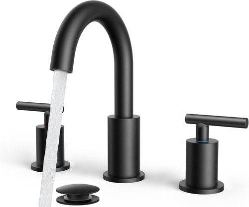 FORIOUS Black Bathroom Faucet - 8 Inch Widespread Matte Black Sink Faucet with 360° Swivel Spout | Includes Pop-Up Drain