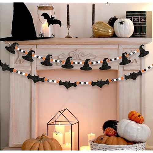 2 Pcs Halloween Bat Decorations Black Felt Bats with Witches Wood Beads Garland Scary Halloween Decoration for Fireplace Mantle Walls Haunted House Decoration (Black-2pcs)