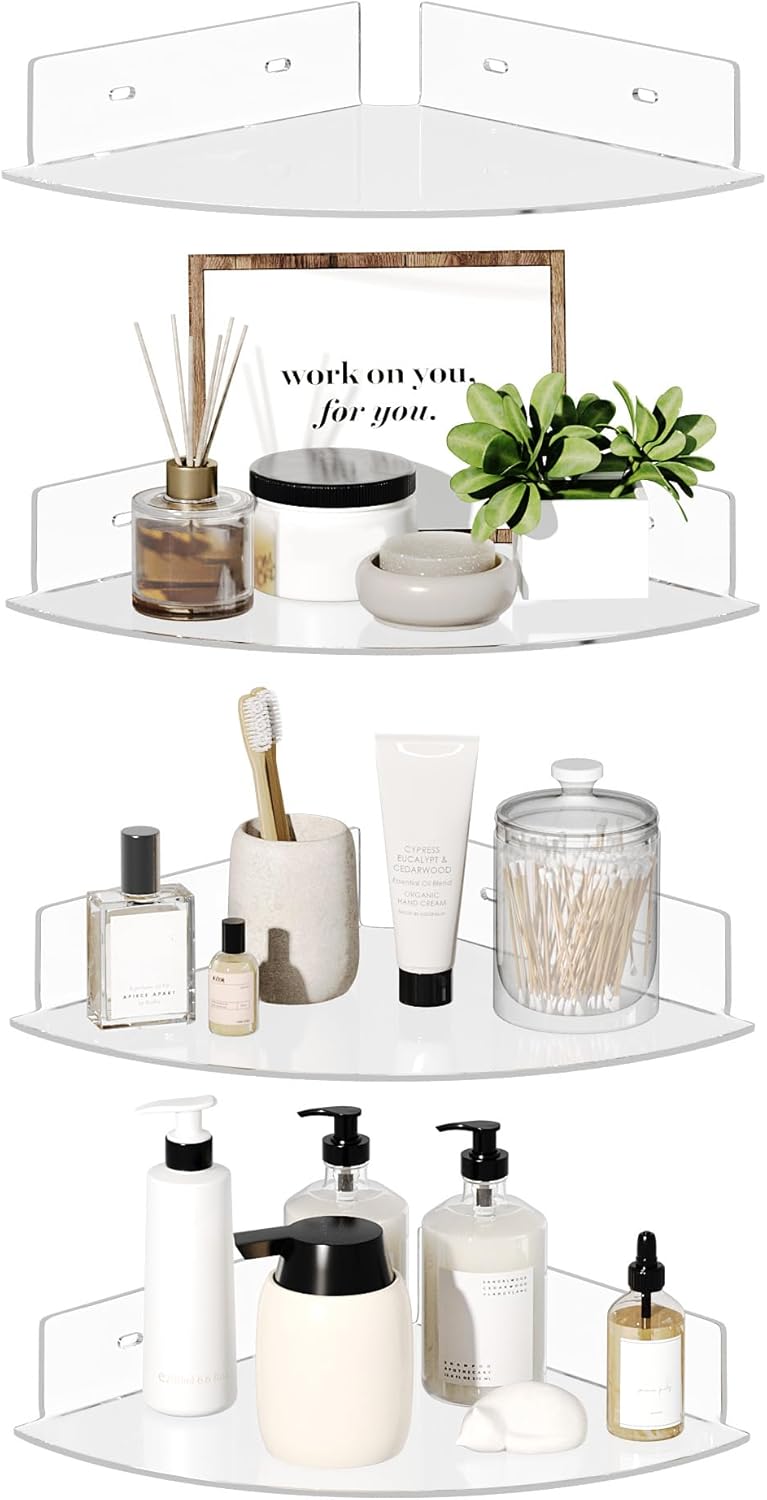 Upsimples 10-Inch Clear Acrylic Corner Floating Shelves - 4 Pack Wall-Mounted Storage Organizer for Home