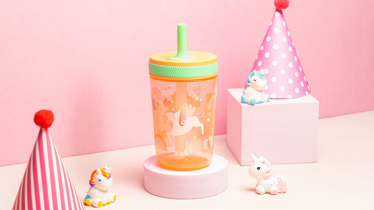 Zak Designs Kelso Tumbler Set 15 oz, (Unicorn) Leak-Proof Screw-On Lid with Straw Made of Durable Plastic and Silicone, Perfect Cup Bundle for Kids (2pc Set)