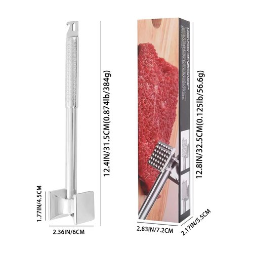 304 Stainless Steel Meat Tenderizer Mallet, Heavy Duty Dual-Sided Meat Hammer with Ergonomic Non-Slip Handle, Dishwasher Safe Kitchen Tool for Tenderizing Steak, Beef, Chicken & Pork