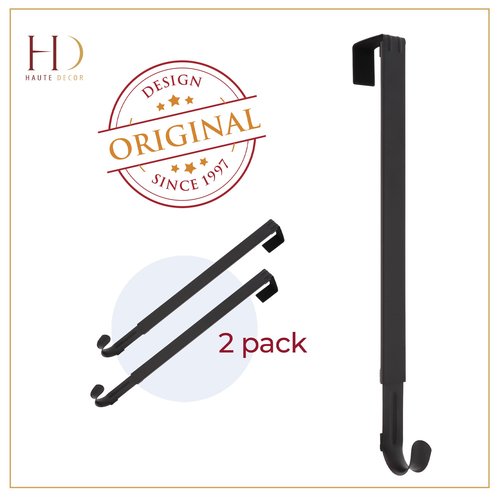 Haute Decor 2-Pack Adapt Adjustable Length Over The Door Wreath Hanger Hook - 2PACK - Strong, Holds up to 20 lbs. (Matte Black)