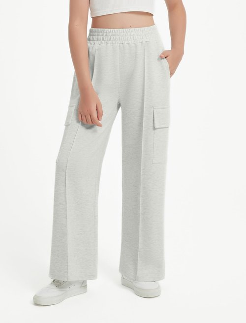 EXARUS Girls Cargo Sweatpants Multi 3 Pack Set Front Seam Wide Leg Baggy Fit Elastic Waistband Pleated Teen Casual Sweat Pants Middle Rise Pleat with Pockets 12Y