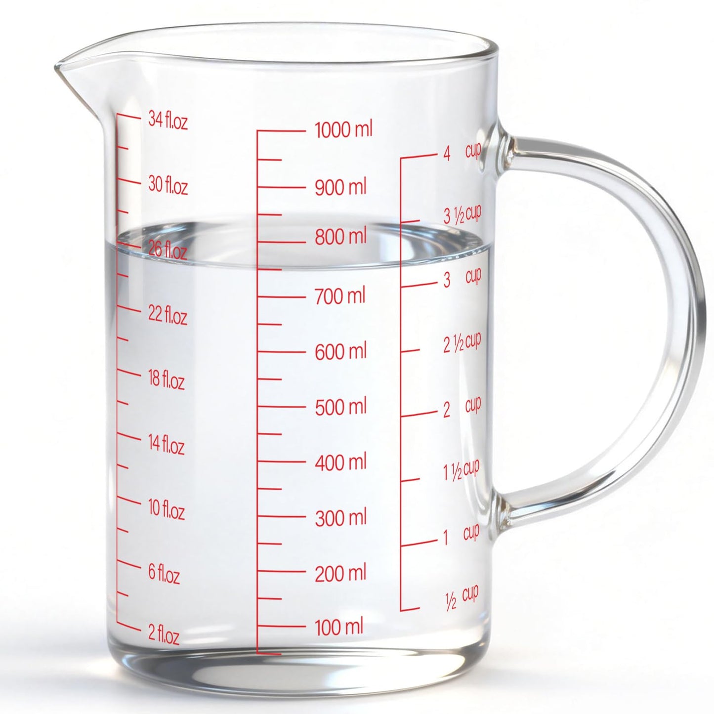 Luvan 34OZ/1000ML Glass Measuring Cup, 4 Cup Glass Measuring Cups With 3 Scales (Ml/Oz/Cup), High Borosilicate Measuring Cup With Handle and V-Shaped Spout, Dishwasher/Freezer/Microwave Safe