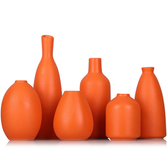 Orange Ceramic Bud Vases Set of 6, Farmhouse Decor, Fireplace Decor, Mantle & Shelf Decor, Home Decoration for Living Room, Entrance, Bathroom, Kitchen & Office, Coffee Table Decor, Bud vases in Bulk