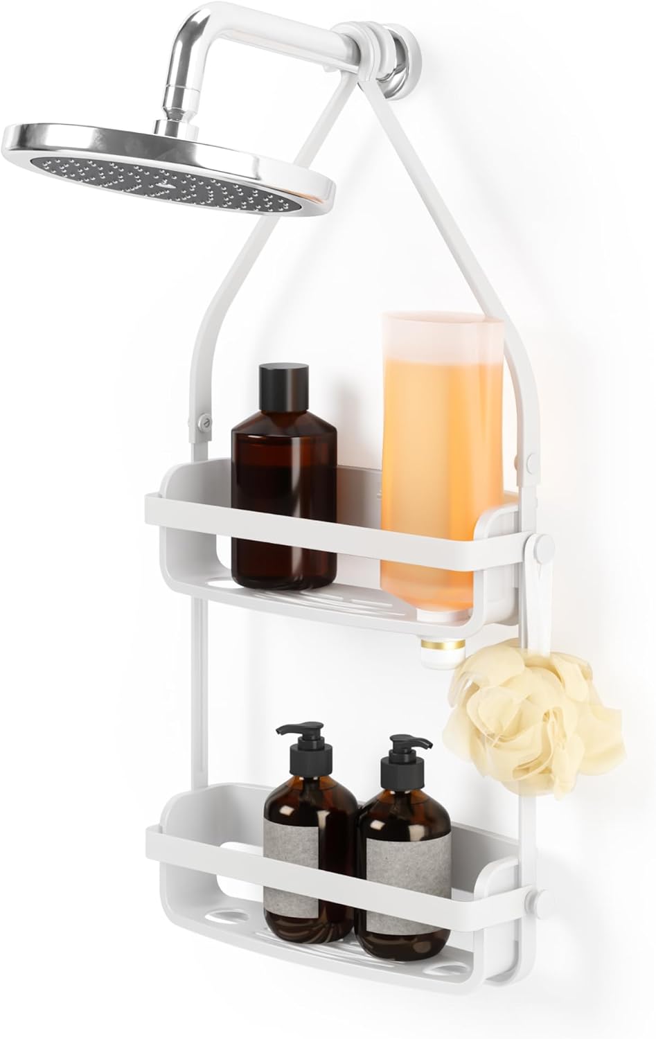 Umbra Flex Hanging Shower Caddy - 2-Tier Bathroom Organizer with Bathtub Shelf | White